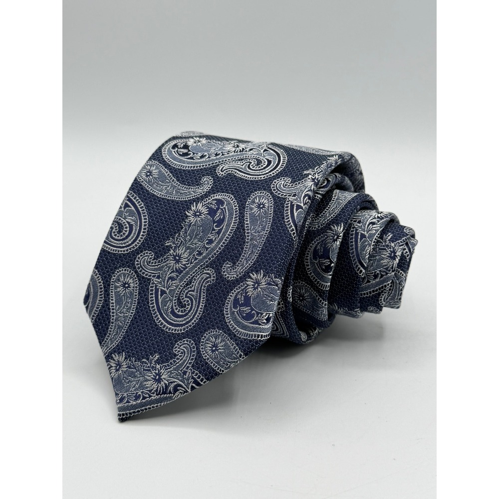 Eton Mens Navy Blue Paisley Silk Linen Blend Necktie Made in Italy L:59" W:3.25"